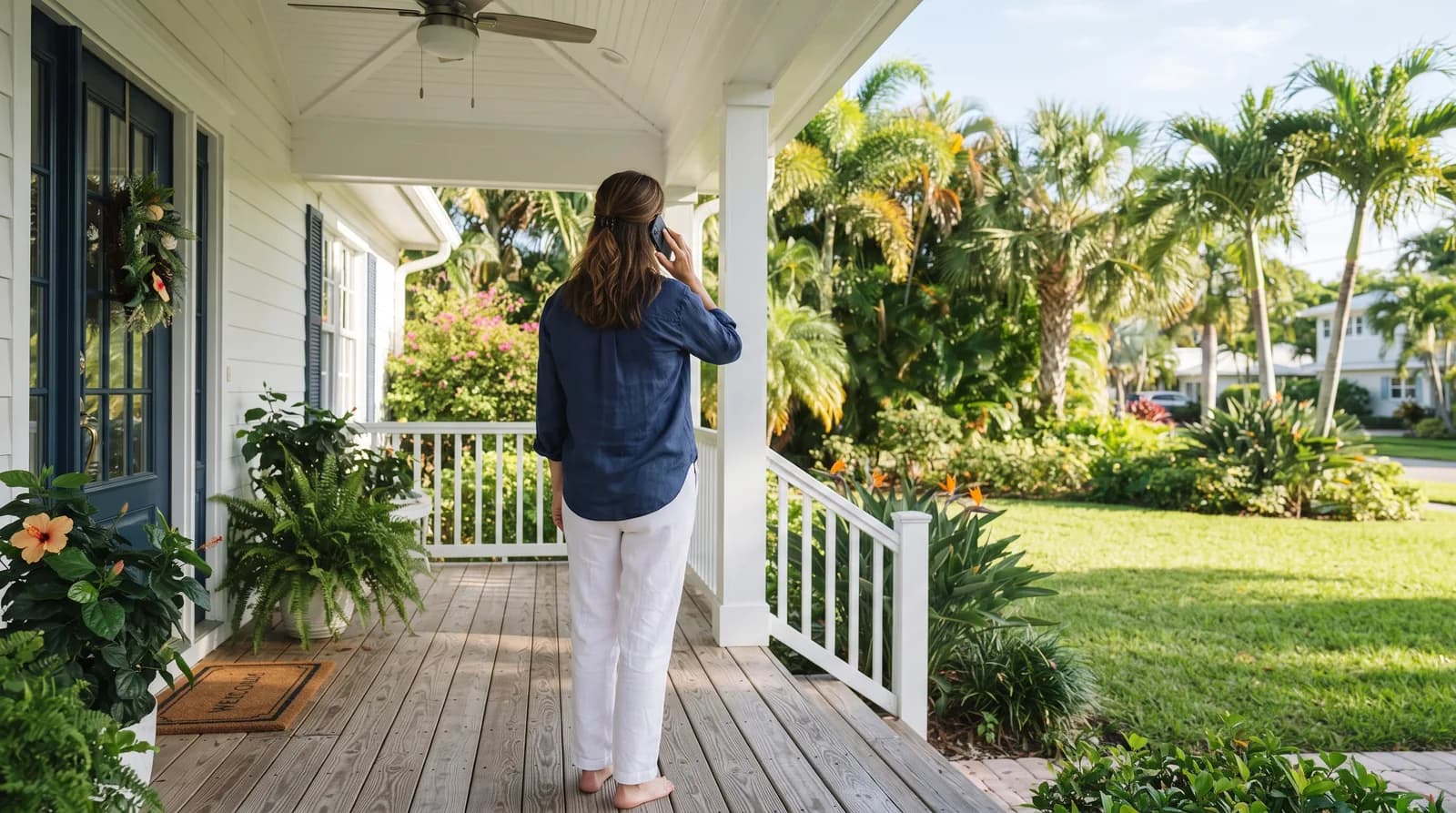 Homeowner on a Florida front porch making one call
