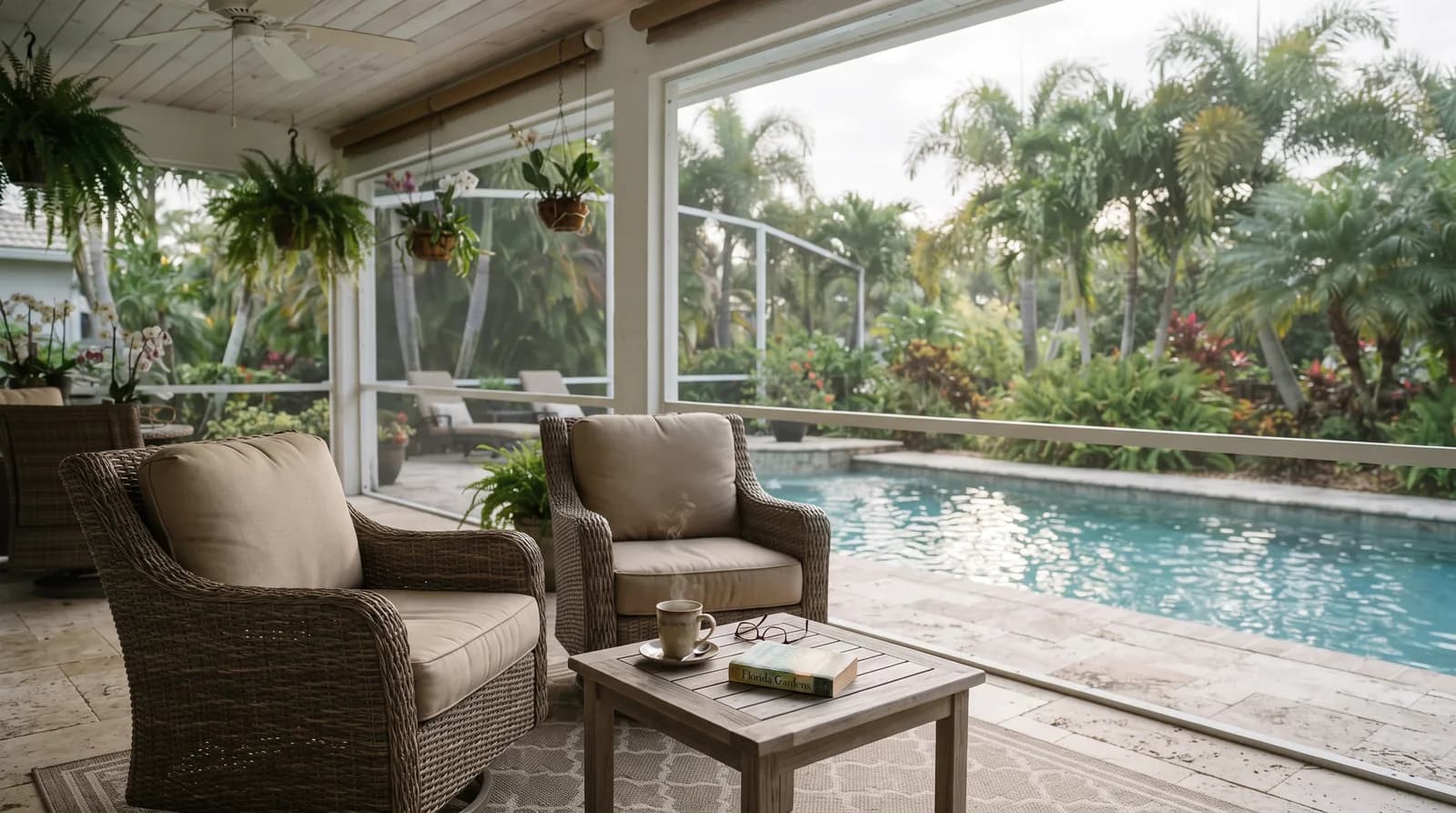 Quiet screened lanai of a Florida home in the morning
