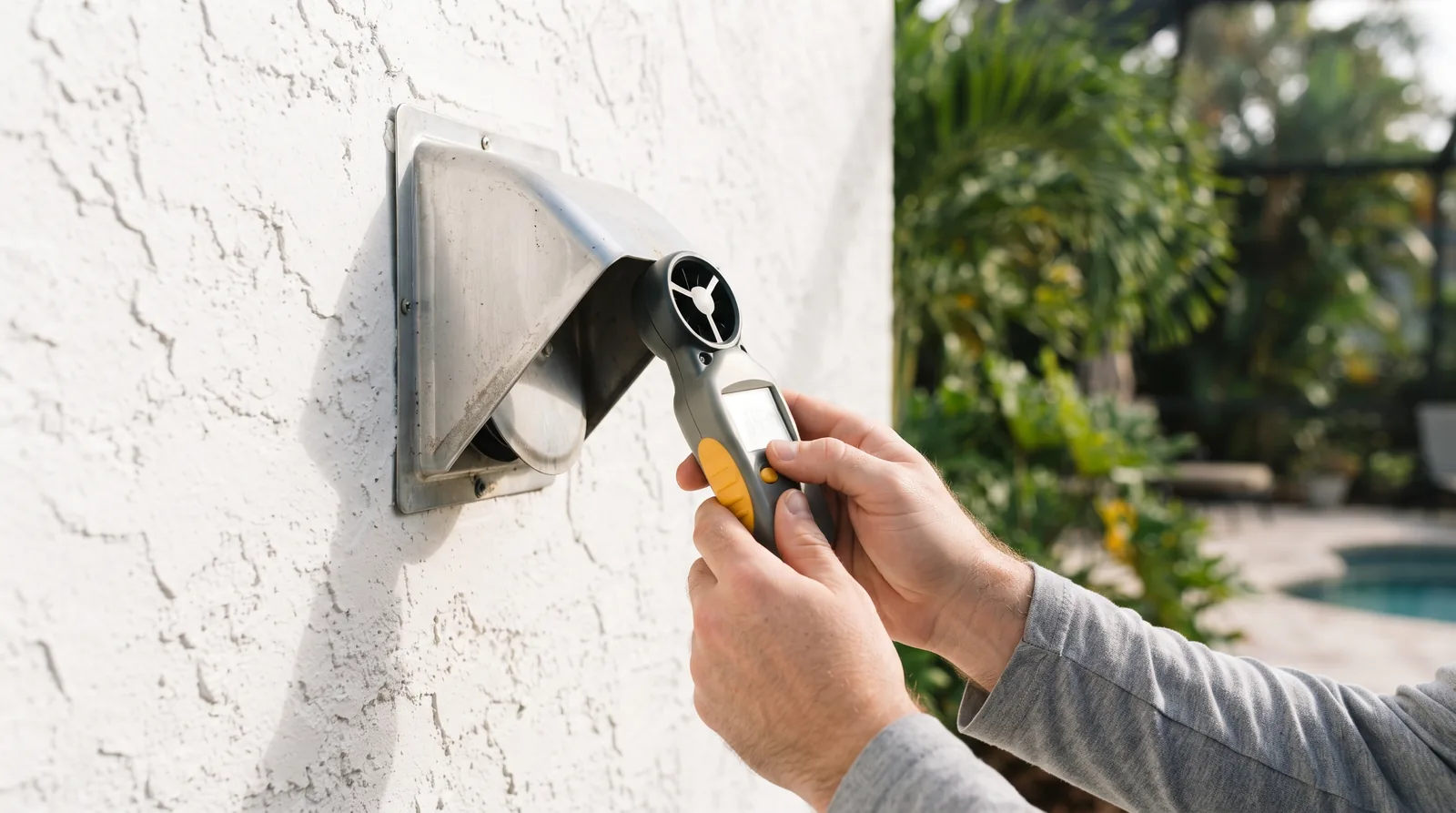 Airflow test at an exterior dryer vent on a Florida stucco home